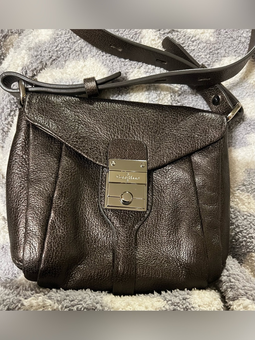 Cole Haan Dark Brown  Pebbled Leather Crossbody with Silver Hardware